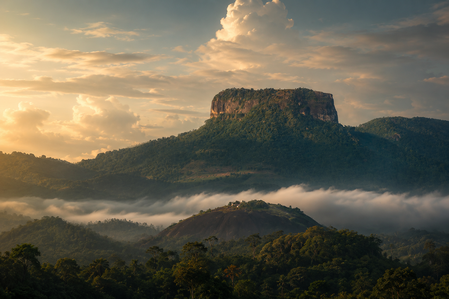 Bathalegala, Sri Lanka's Bible Rock, a flat-topped mountain rising above forest near Aranayaka
