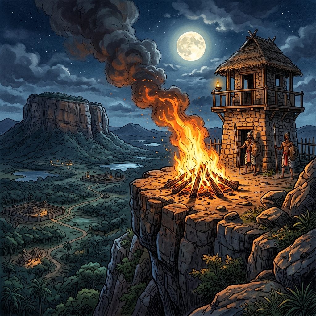 Illustration of the historic watchtower and bonfire alarm chain on Bathalegala (Bible Rock)