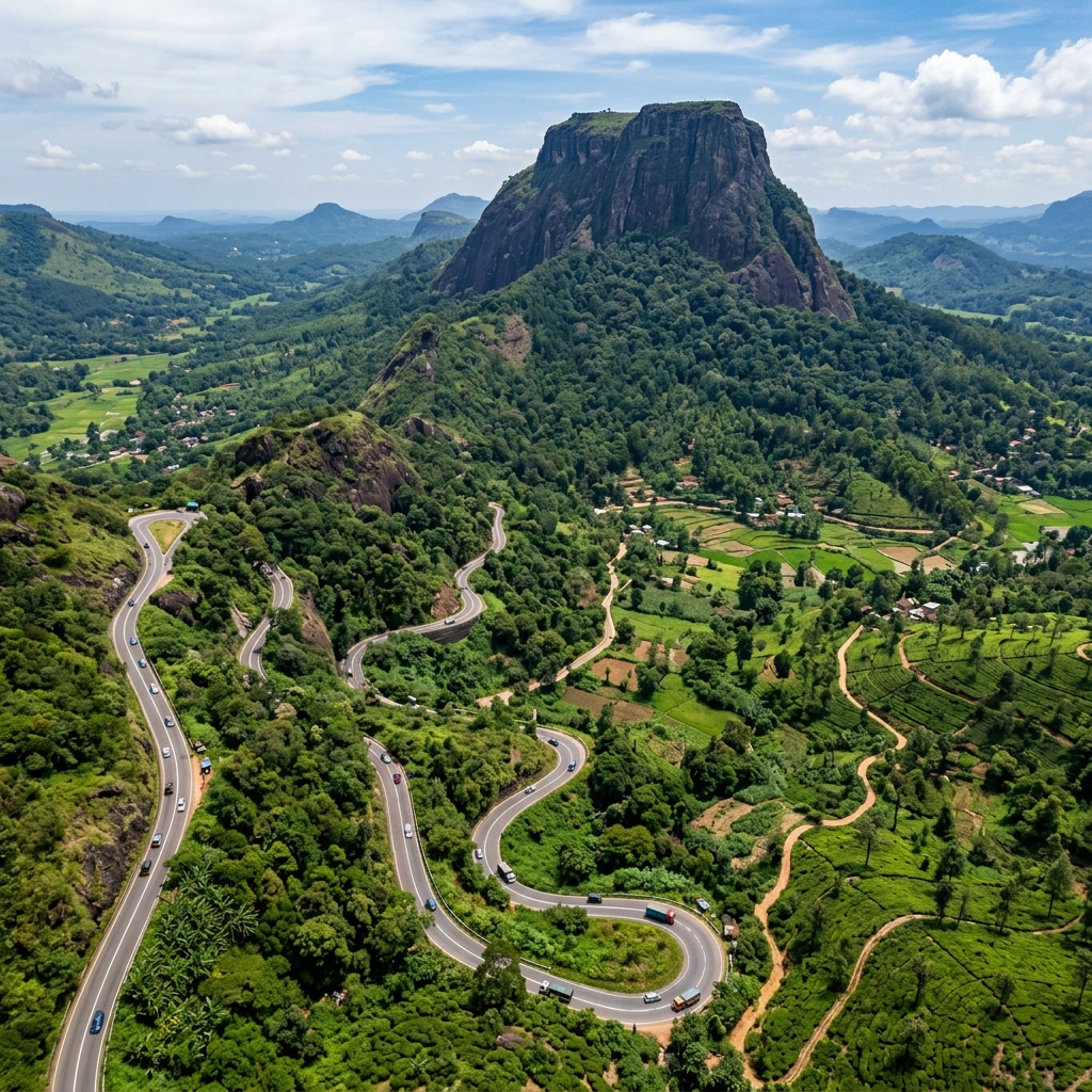 Route map showing the drive to Bible Rock (Bathalegala) via Mawanella and Aranayaka