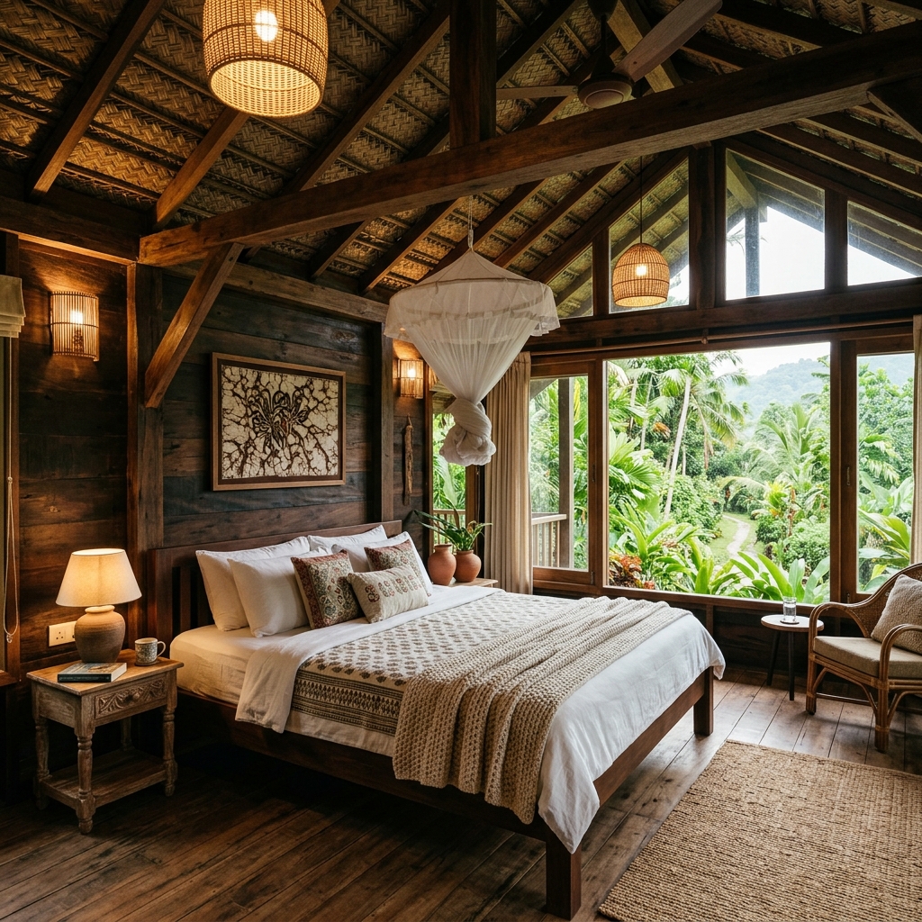 Interior of an eco cabin at Bathle Eco Resort