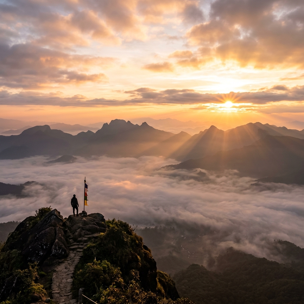 Sunrise lighting up the misty hills and Knuckles Range from the summit of Bible Rock
