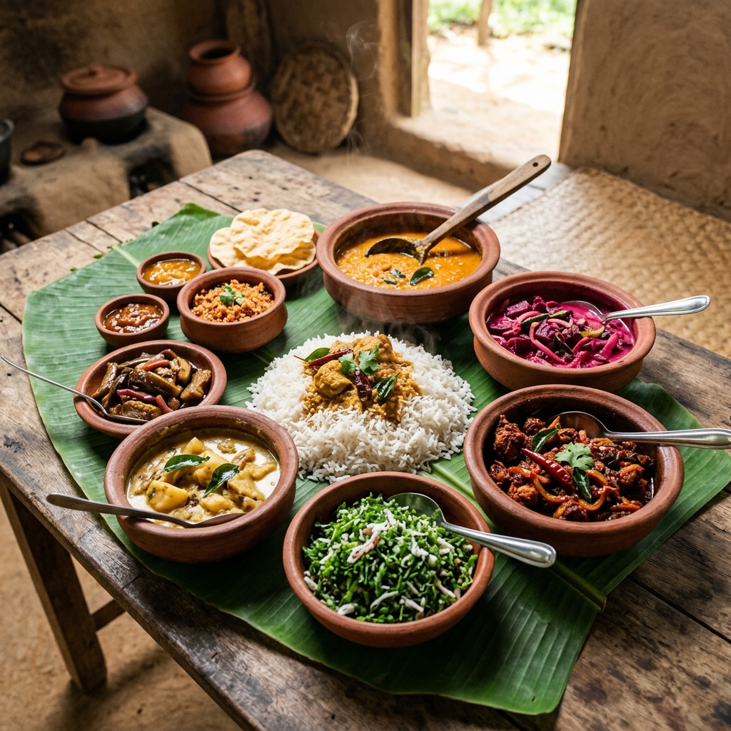 A spread of Sri Lankan village rice and curry on a clay plate